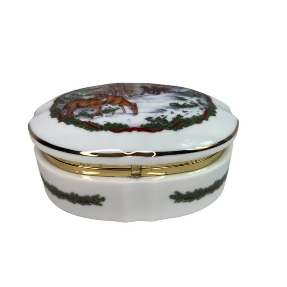 1986 Heritage House Melodies of Christmas Porcelain Trinket Box Deer Sleigh - Picture 4 of 12